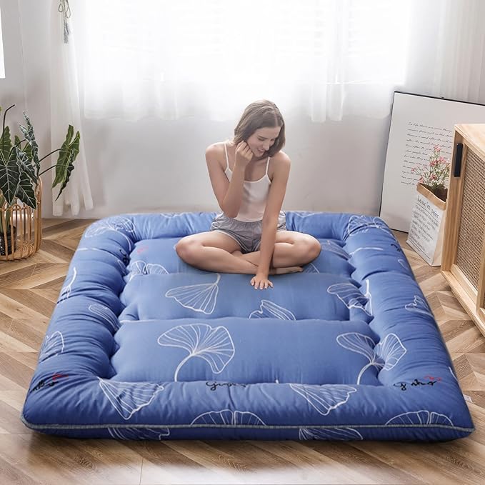 MAXYOYO Leaf Printed Japanese Futon Floor Mattress, Thicken Sleeping Pad Floor Bed Roll Up Camping Guest Mattress Folding Couch Bed, Queen Size