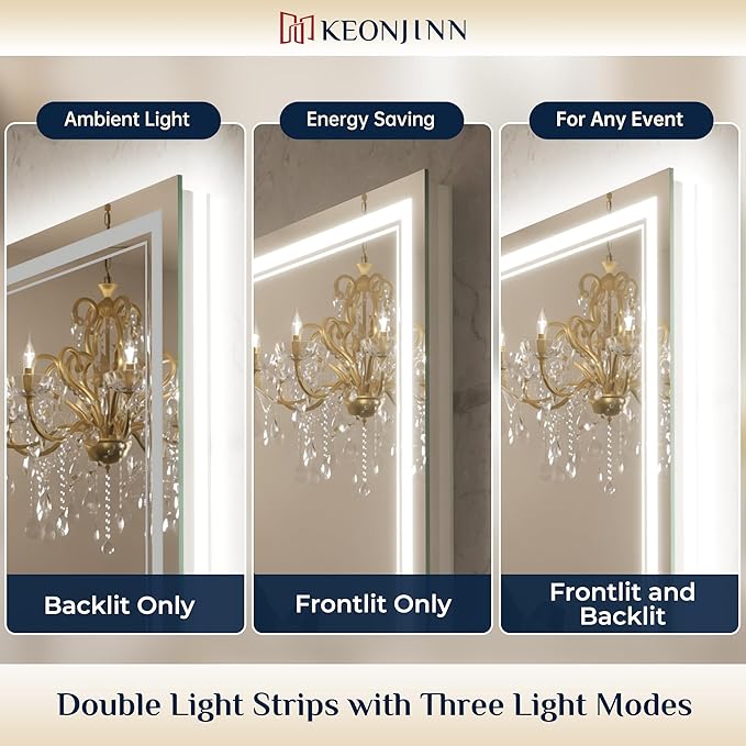 Keonjinn LED Bathroom Mirror 40x30 Inch with Frontlit and Backlit, Stepless 3 Colors Temperature & Dimmable Wall Mirror, UL Listed LED Driver, Anti-Fog, Double Lights, Frameless Bathroom Vanity Mirror