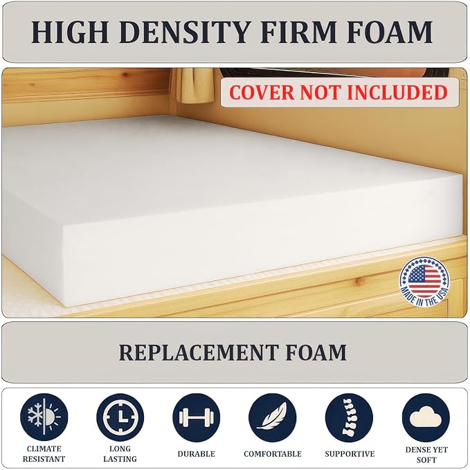 Foamma 5” x 38” x 75” Truck, Camper, RV High-Density Bunk Mattress Foam Replacement, Made in USA, Comfortable, Travel Trailer, CertiPUR-US Certified, Cover Not Included