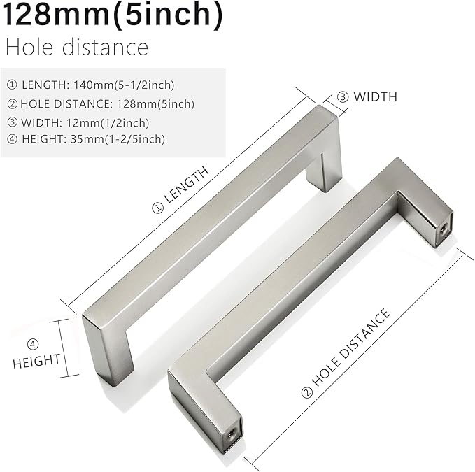 Cabinet Pulls Brushed Nickel Cabinet Handles Square Drawer Pulls, 30 Pack 5 Inch Stainless Steel Kitchen Door Cupboard Cabinet Handles, Cabinet Hardware Drawer Handles, 128mm Hole Centers