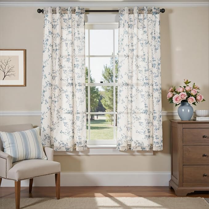 Blue Vintage Floral Linen Curtains Farmhouse 38W X 63L 2 Panels | Elisa Series - Image 2