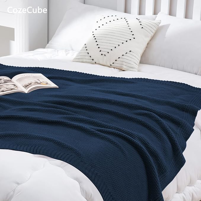 CozeCube Navy Blue Seed Stitch Throw Blanket 50"x60", Farmhouse Decor | Blanket - Image 5