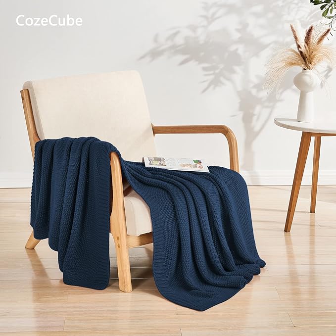 CozeCube Navy Blue Seed Stitch Throw Blanket 60"x80", Farmhouse Decor | Blanket - Image 5