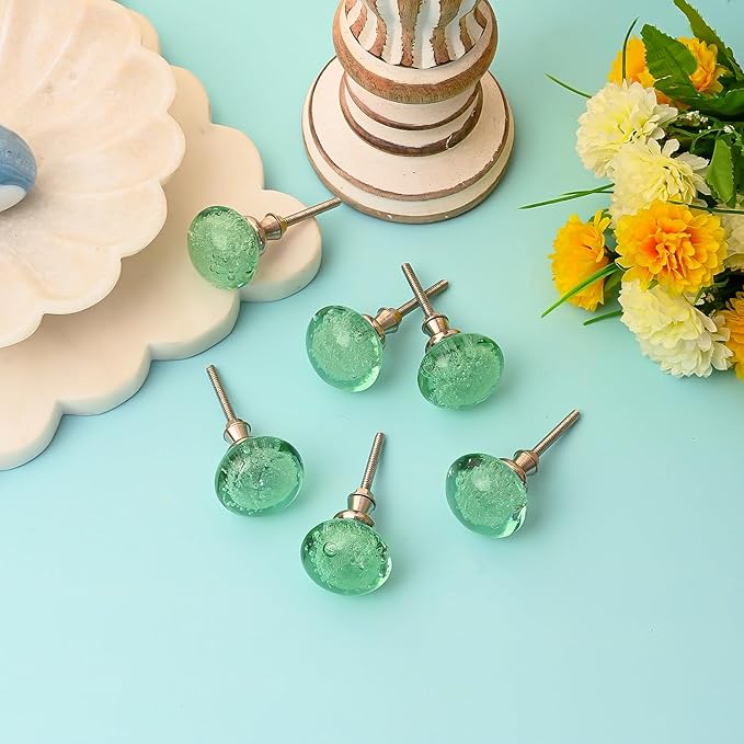 Perilla Home Set of 4 Bubble Knobs - Decorative Light Green Crystal Knobs - Glass Knob for Home Decor, Interior, Kitchen Cabinet, Hardware, Cupboard, Door, Dresser, Wardrobe and Drawer Pulls Handles