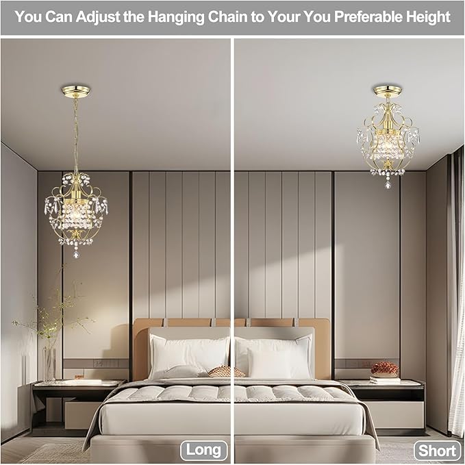 Small Crystal Chandelier for Bedroom, 90% Pre-Assembled 1 Light Gold Chandelier, Mini Acrylic Crystal Ceiling Light Fixture Charming for Girls Room, Closet, Bathroom, Entryway, Dining Room