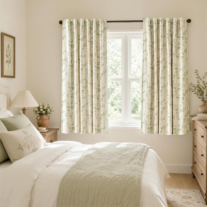 Blackout Vintage Floral Linen Curtains Green on Beige 50×63 2 Panels | Elisa - Image 5