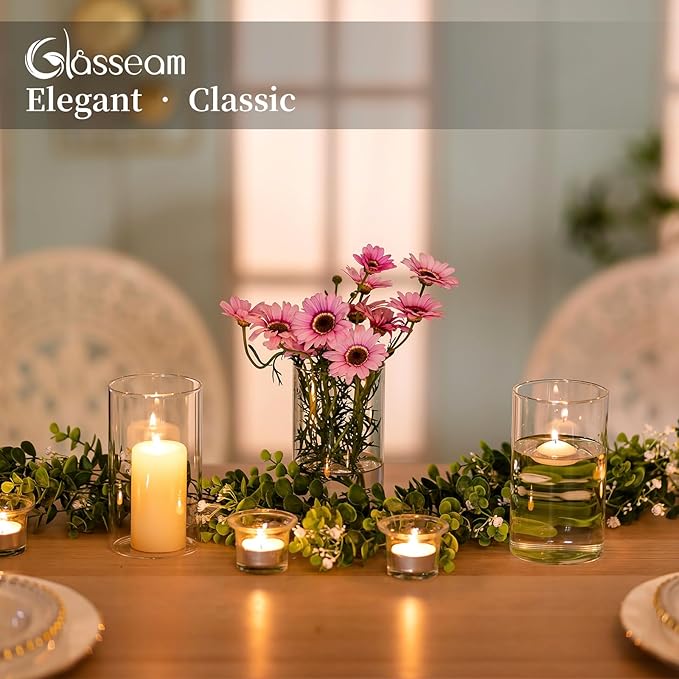 Glasseam Hurricane Glass Candle Holder Set of 6, Cylinder Clear Candle Holders for Pillar Candles, Modern Cylinder Vases for Floating Candles, Vases for Centerpiece Wedding Table Decorations, 6inch