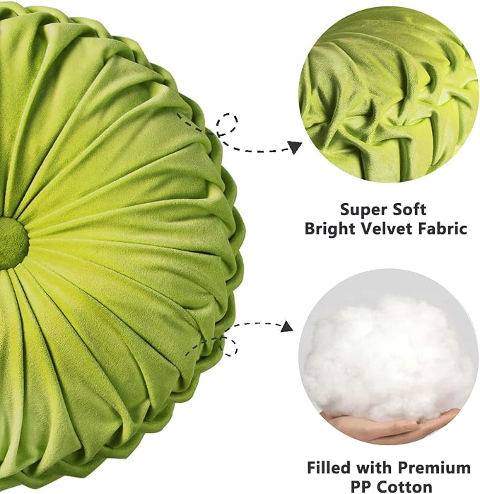 HIG Set of 2 Apple Green Velvet Decorative Round Pleated Throw Pillows | - Image 2