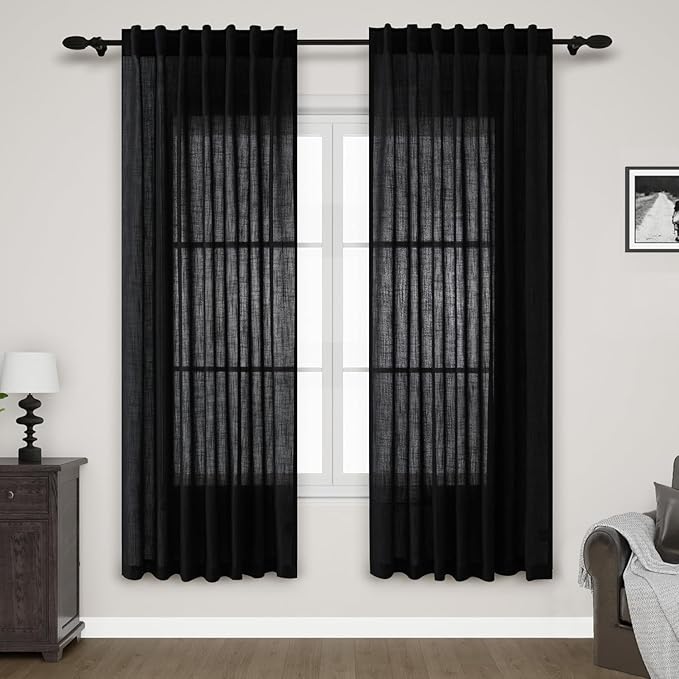 Black Semi Sheer Linen Curtains 72 inch Length by Nanspring