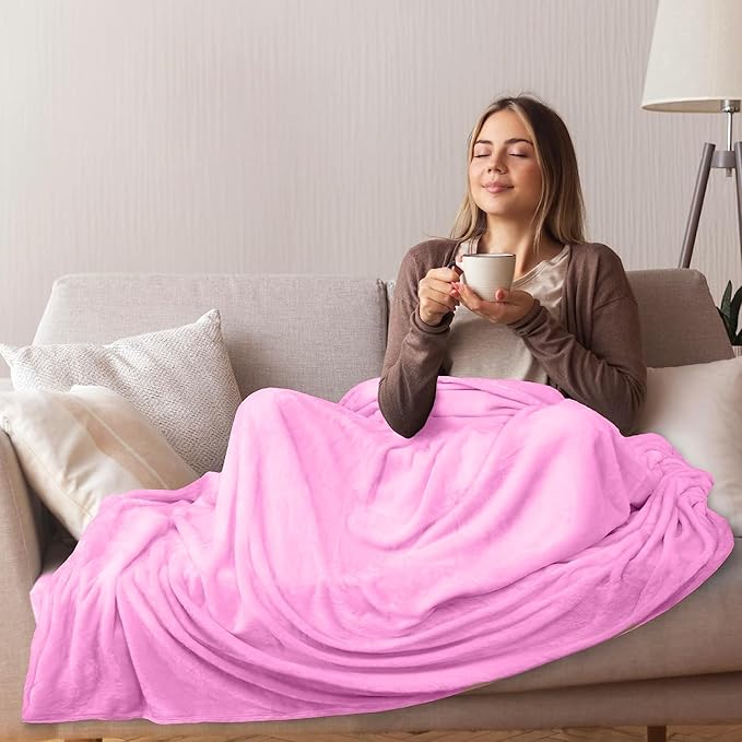 Flannel Fleece Travel Size Summer Blanket All Season 350GSM Lightweight Throw for The Bed Extra Soft Brush Fabric Winter Warm Sofa Blanket 50"*61"(Pink Travel)