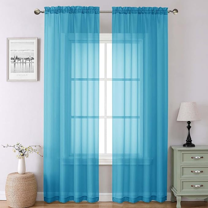 Turquoise Sheer Curtains 90 Inches Long 2 Panels, Elegant Gauzy Airy Light by Lecloud