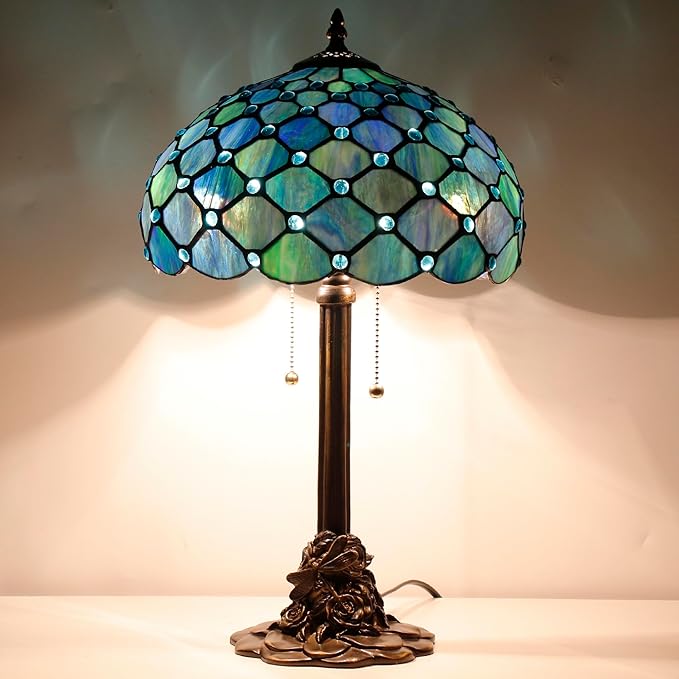 Tiffany Stained Glass Table Lamp 12X12X21Inch Resin Base Desk Bedroom Living Room Reading Light (Sea Blue Pearl)