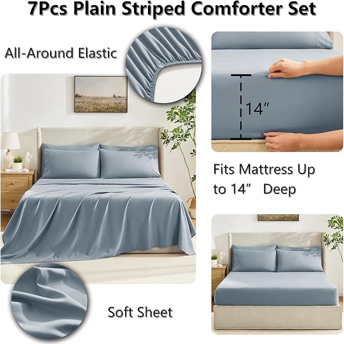 CozyLux King Size Comforter Set Grayish Blue, 7 Pieces Bed in a Bag, Dusty Blue Comforter King Size, All Season Bedding Sets with Stitch Quilted Comforter, Flat Sheet, Fitted Sheet, Pillowcases
