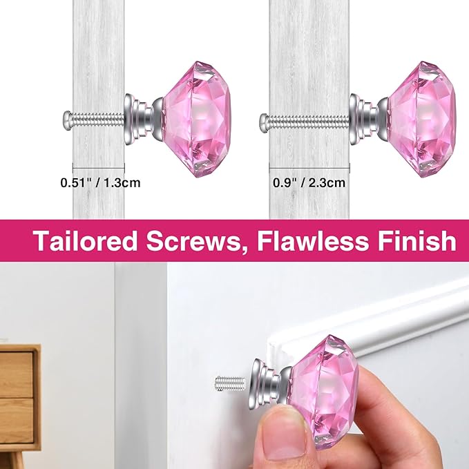 POZEAN Crystal Drawer Knobs 30 Pack, 1.18 inch Glass Knobs for Cabinet, Dresser with Two Different Sizes Screws, Diamond Pulls Handles (30mm, 30Pack, Pink-Silver)