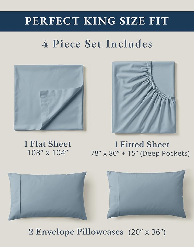 LANE LINEN 100% Organic Cotton Bed Sheets King Size, Soft & Comfy Fully Elasticized Percale Bedding Sheets & Pillowcase Set, Low Pilling Machine Washable All Season King Sheet- French Blue