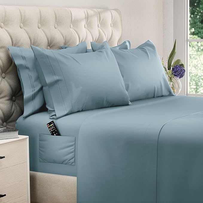 DREAMCARE Queen Sheet Set – 6 pcs Cooling Bed Sheets – up to 15” Deep Sheets Queen Size Bed Set – 2500 Supreme Collection – Extra Soft 100% Brushed Microfiber Hotel Luxury with Side Pocket – M Blue