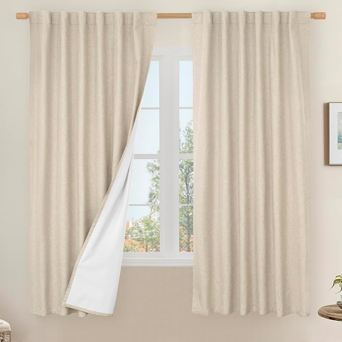 100% Blackout Natural Linen Bedroom Curtains 63 Inches 2 Panels | Thermal by LAMIT