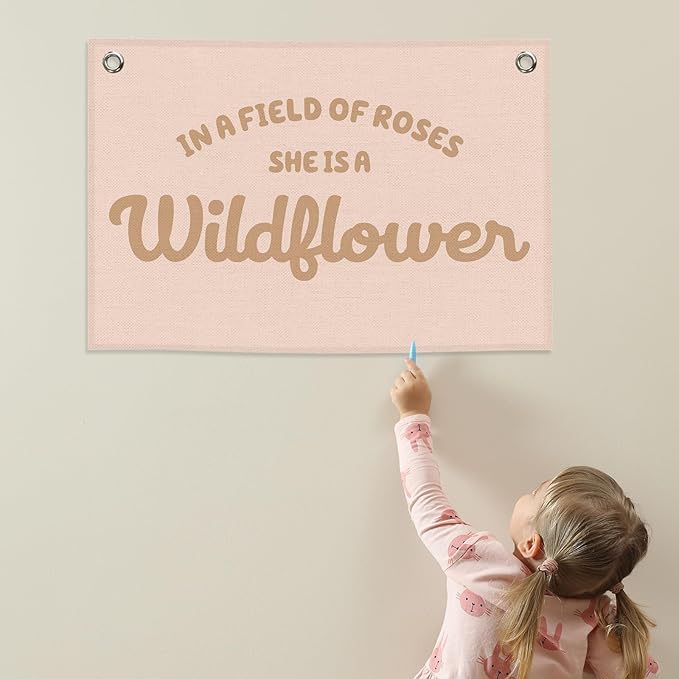 Pink Girls Kids Banner Canvas, Preppy Girly Toddler Room Decor, Inspirational She Is A Wildflower Hanging Flag Sign, Nursery Wall Tapestry Art for Baby Shower Playroom Bedroom Decor 20x30in