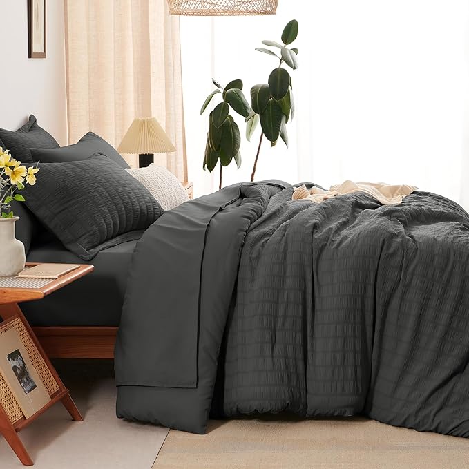 CozyLux Oversized King Comforter Set Dark Grey Seersucker 7 Pieces 120x98 Bed in a Bag Comforter Set with Sheets, Luxury Soft Bedding Sets with Down Alternative Comforter, Sheets, Pillowcases & Shams