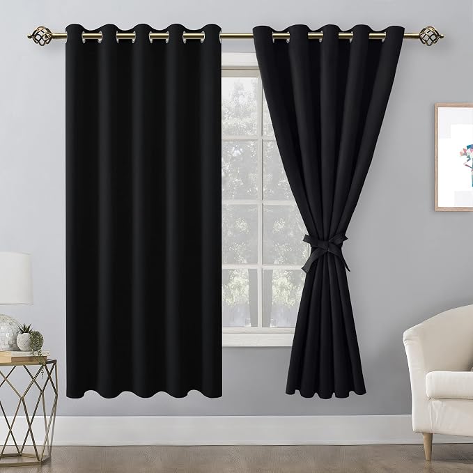 Grommet Blackout Curtains for Bedroom 60 x 72 Inches Black 2 Panels | Thermal - Image 8