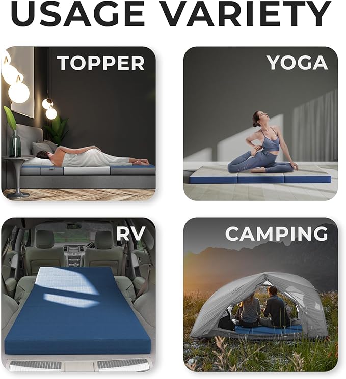 Cozzzi Folding Mattress Full Size for Floor and Traveling with Removable Cover - Lightweight and Portable Folding Mattress for Adults & Kids - Compact and Easy to Storage - Navy (75in x 54in x 4in)