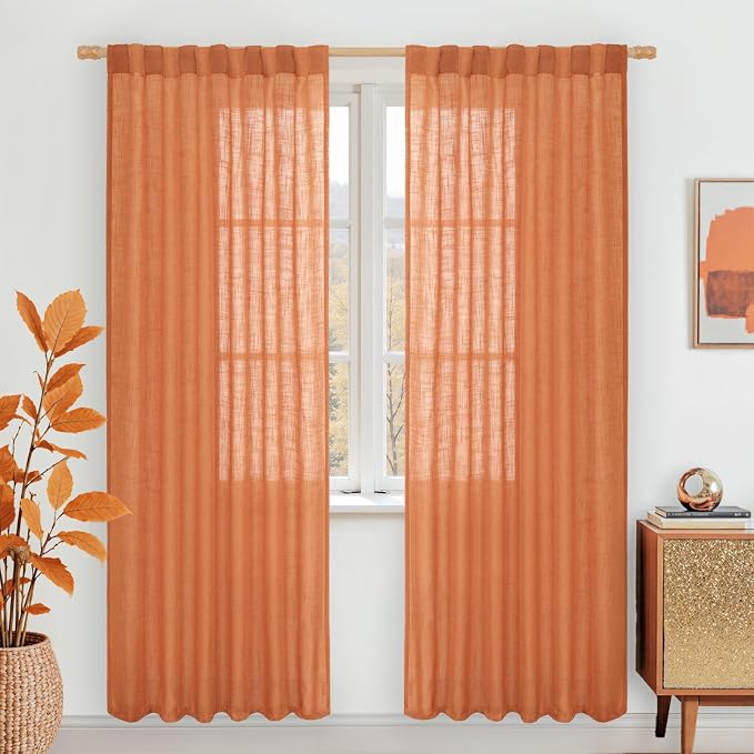 Burnt Orange Sheer Linen Curtains, Light Filtering Drapes 2 Panels | 80 inch by LAMIT
