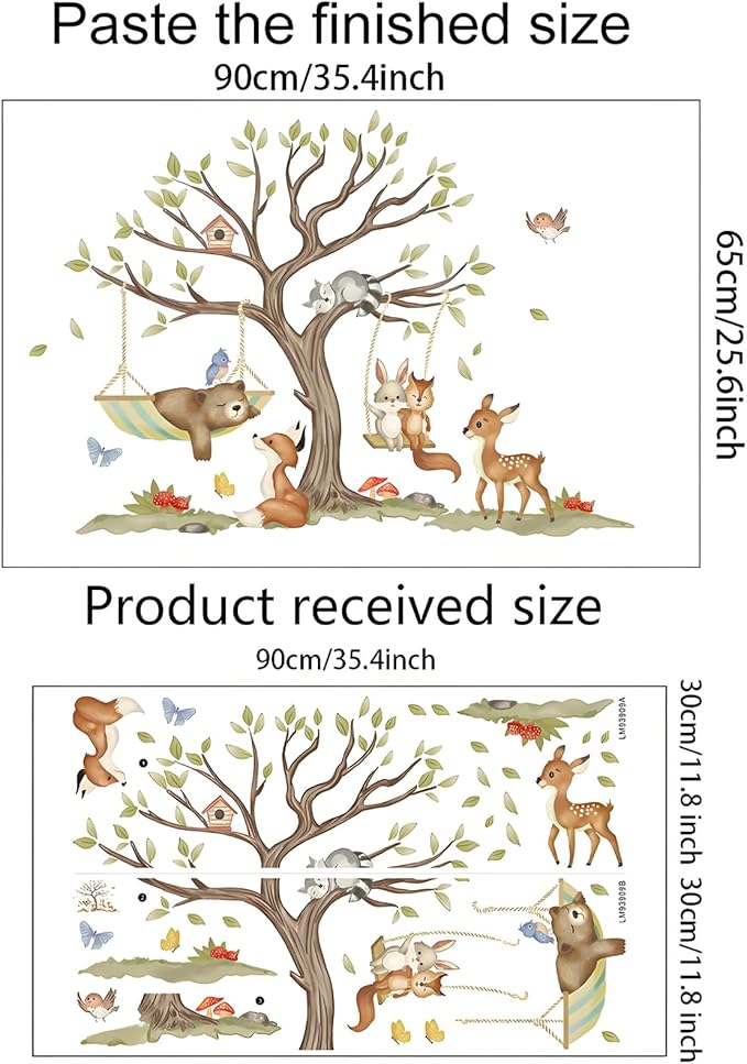 Jungle Animal Wall Stickers Big Tree Fox Sika Deer Safari Wall Decals Kid Room Nursery Baby Bedroom Décor