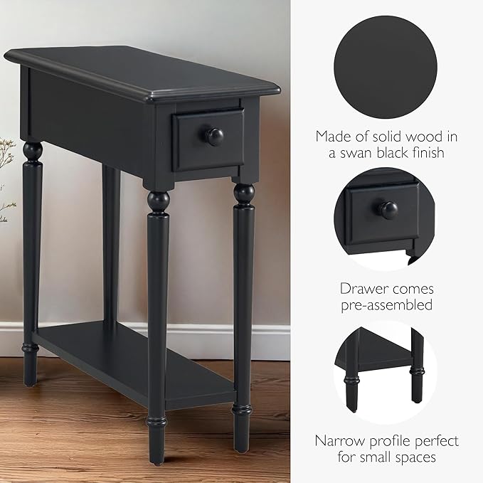 Leick Home Narrow End Table, Solid Wood, Black, 1 Drawer, 1 Display Shelf, Small Size, Easy Assembly, 10.01 in W x 23.46 in D x 23.98 in H, 20017-BK