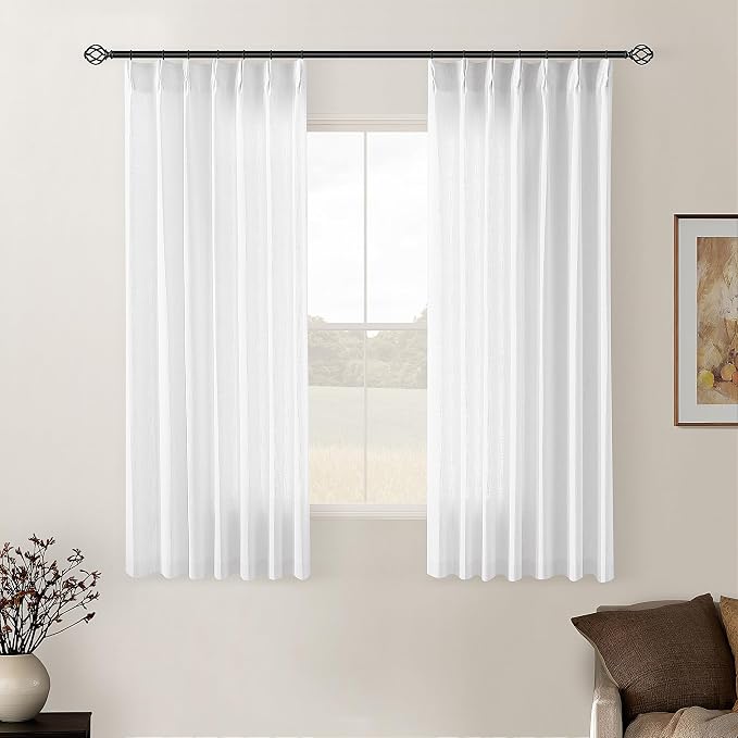 Snow White Short Pinch Pleat Linen Curtains 45 Inch Length 2 Panels Set | by Twodrapes