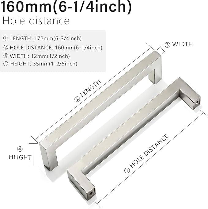 Cabinet Pulls Brushed Nickel Cabinet Handles Square Drawer Pulls, 5 Pack 6-1/4 Inch Stainless Steel Kitchen Door Cupboard Cabinet Handles, Cabinet Hardware Drawer Handles, 160mm Hole Centers