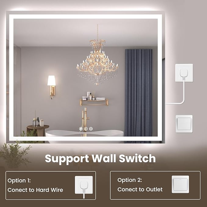 55"X36" LED Bathroom Mirror with Front Lights and Backlit, Anti-Fog, Dimmable, Shatter-Proof Tempered Glass, Lighted Bathroom Vanity Mirror for Wall with 3 Colors, Memory Function