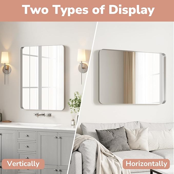 USHOWER Brushed Nickel Bathroom Mirror 22"x30", Silver Rectangle Mirror for Over Sink, Rounded Corner, Aluminum Frame, Anti-Rust, Tempered Glass, Horizontal or Vertical Mounted