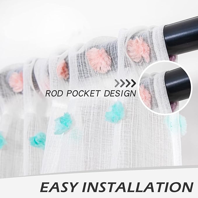 MYSKY HOME Pom Pom Sheer Curtains for Girls' Bedroom and Nursery - Rainbow 72 Inch Long Door Curtains with Rod Pocket - Semi-Transparent, Light Filtering - 52 x 72 Inch, 2 Panels