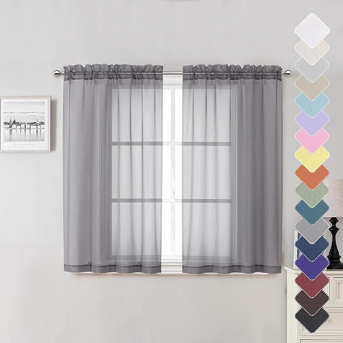Grey Sheer Curtains 45 Inch Long 2 Panels, Short Voile Drapes by Lecloud