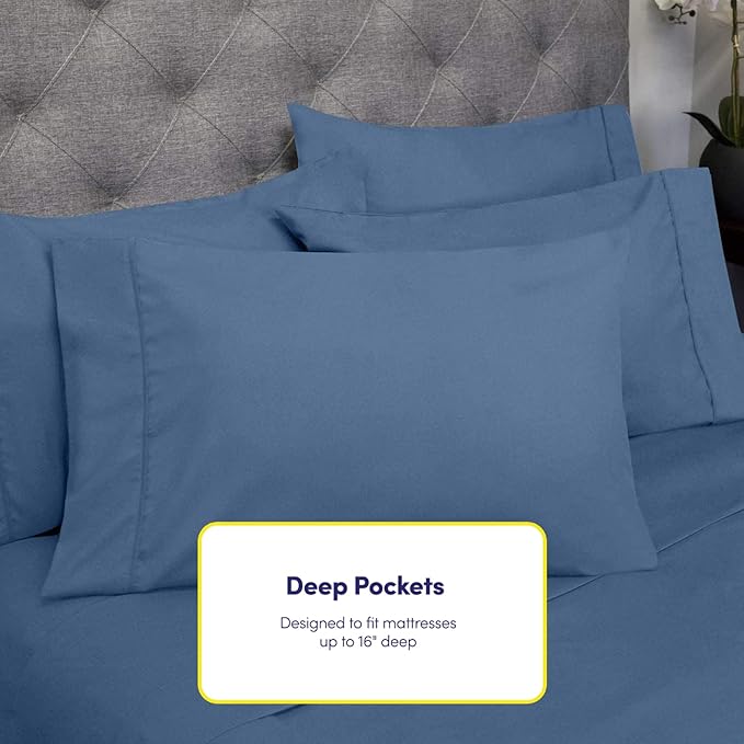 Cal King Size Bed Sheets - 6 Piece 1500 Supreme Collection Fine Brushed Microfiber Deep Pocket California King Sheet Set Bedding - 2 Extra Pillow Cases, Great Value, California King, Denim