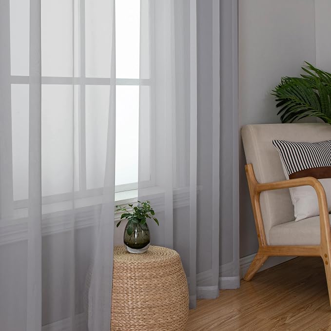 Chyhomenyc Sheer Curtains 63 Inch Length 2 Panels, Light Grey | Light Filtering - Image 6