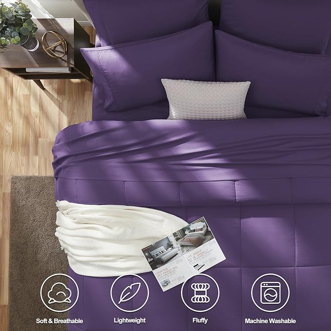 CozyLux Queen Comforter Set Purple, 7 Pieces Bed in a Bag, Purple Comforter Queen Size, All Season Bedding Sets with Stitch Quilted Comforter, Flat Sheet, Fitted Sheet, Pillowcases
