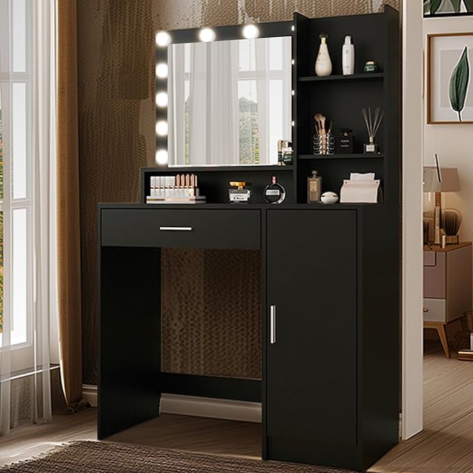 Vanity Desk with Mirror & Light, Large Drawer & Three Level Storage Dresser, 3 Lighting Modes Adjustable Brightness, Bedroom Dressing Table (Black)