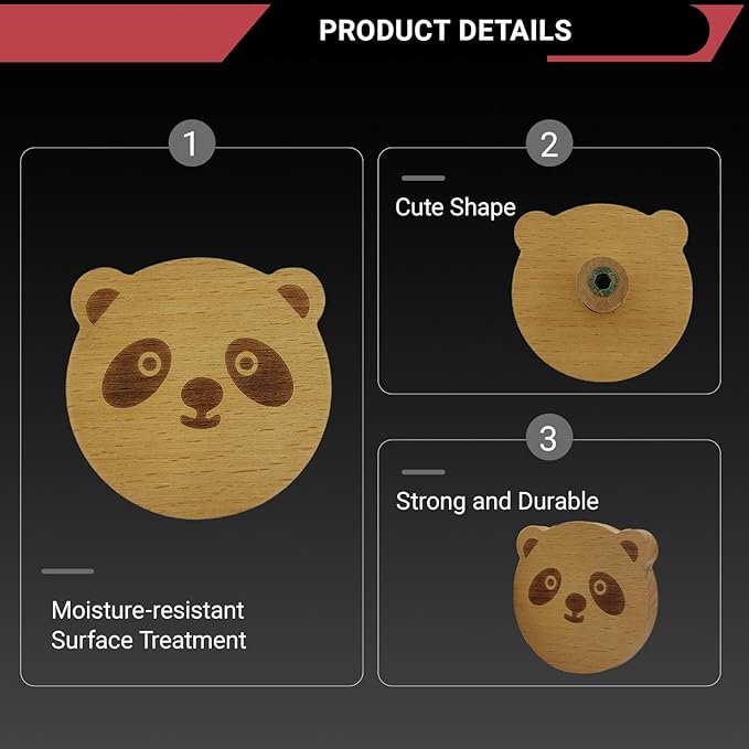 4PCS Wooden Panda Shaped Cabinet Knobs, Cabinet Handles, Single Hole Beech Wood Handles, Wood Hooks with Full Set of Screw Accessories