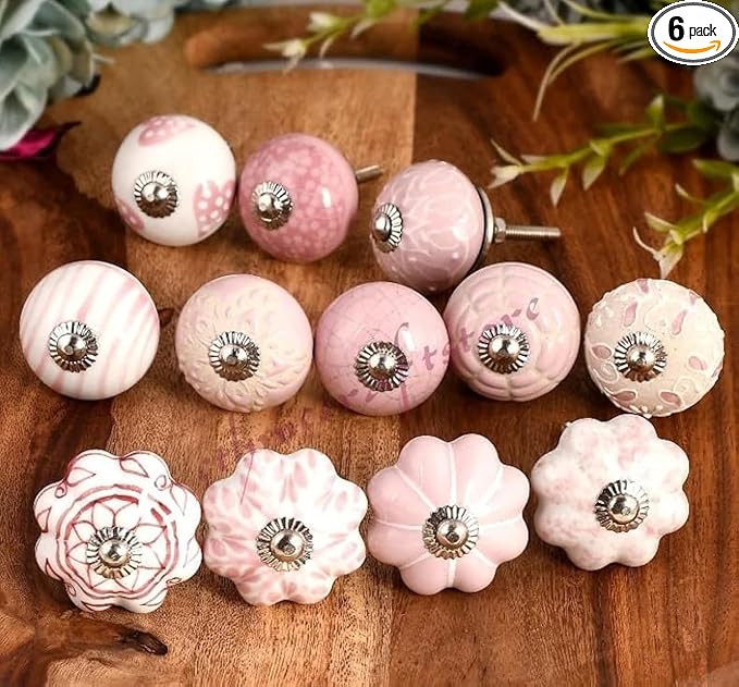 Knobs for Cabinets and Drawers Pink Assorted Knobs Vintage Ceramic Door Knobs Colorful Kitchen Furniture Pull Handles Cabinets Cupboard for Wardrobe Home Interior Décor - Pack of 6
