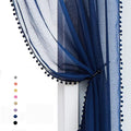 Treatmentex Pom-Pom Blue Sheer Curtains for Bedroom 63" Window Drapes Rod Pocket Textured Sheer Curtain Panels for Boy's Room Navy 52" w 2 pcs