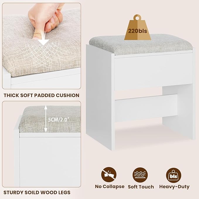Quimoo Makeup Vanity with 10 Light Bulbs and Charging Station, Vanity Desk with Lighted Mirror & 4 Drawers, Vanity Table Set with Cushioned Stool,White