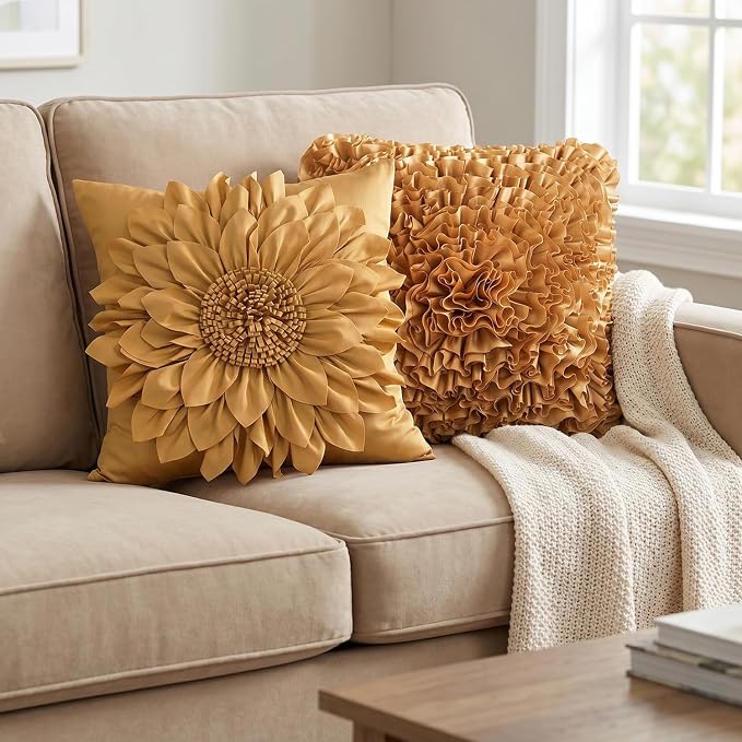 Gold Accent 3D Flower Decorative Throw Pillow Covers - Image 5