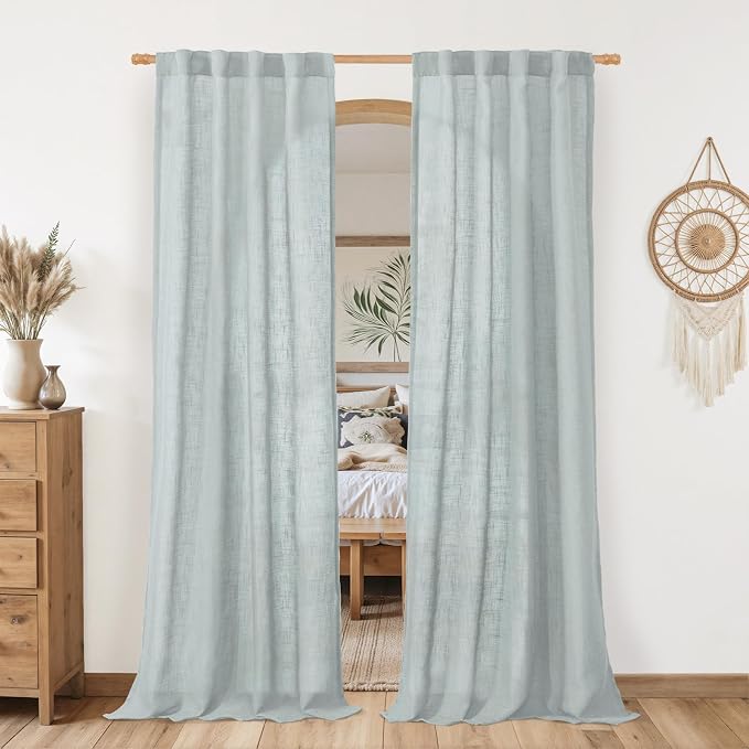Greyish Blue Linen Boho Curtains 80 inch Length 2 Panels by LAMIT