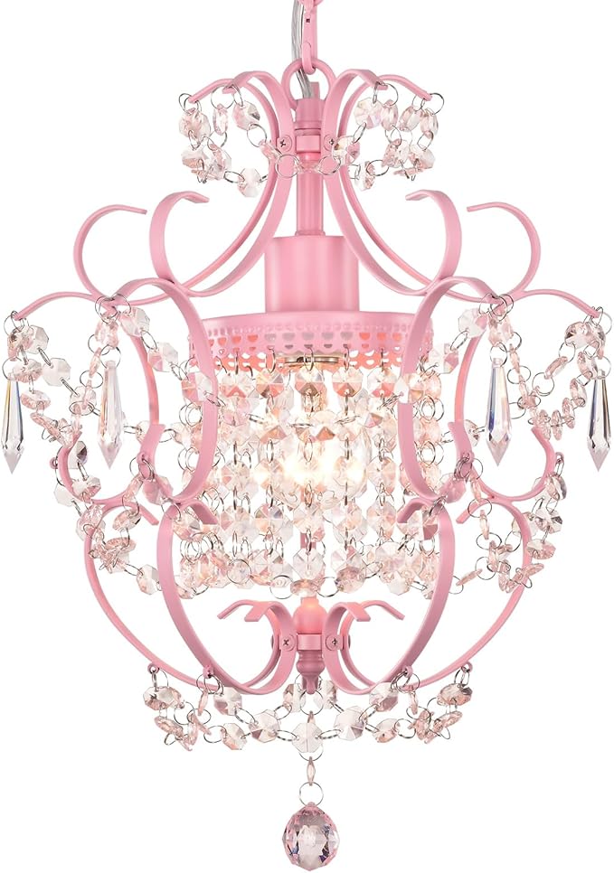 Pink Chandelier for Bedroom, 90% Pre-Assembled 1 Light Small Crystal Chandelier, Mini Acrylic Crystal Ceiling Light Fixture Charming for Girls Room, Closet, Bathroom, Entryway, Dining Room