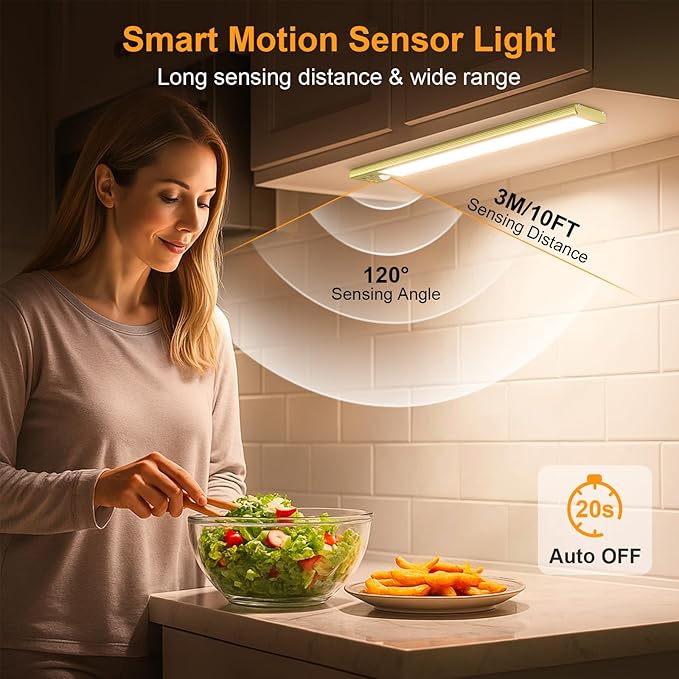 Gritin 10.2inch Under Cabinet Lighting Rechargeable -84 LED Super Bright,3-Color& 5 Level Brightness,4 Modes,Motion Sensor, Long Lasting- Easy Installation Magnetic Closet Lights -2 Pack-Gold