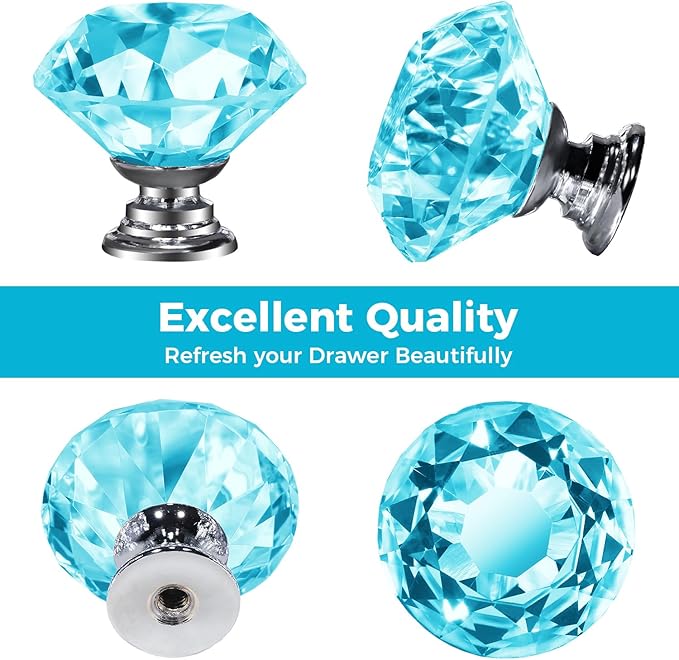 DEELF 30 Packs Kitchen Cabinet Knobs, 30 mm Crystal Cabinet Knobs, Diamond Dresser Handle Drawer Pulls, Dresser Knobs for Cabinets and Drawers, Light Blue