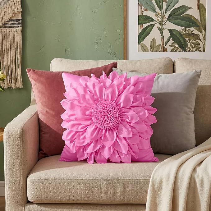 Hot Pink Accent 3D Flower Decorative Throw Pillow Covers - Image 5
