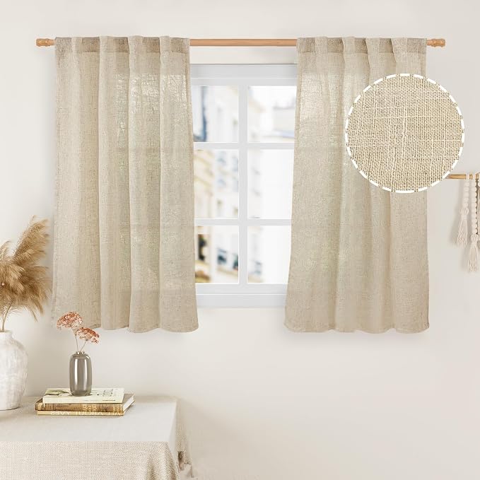 Small Kitchen Window Linen Curtains 45 Inch Length 2 Panels | Semi Sheer by LAMIT