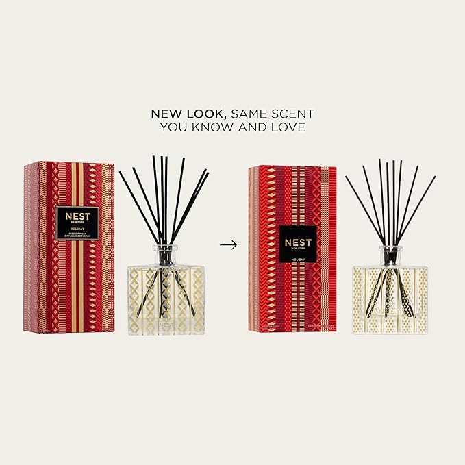 NEST New York Reed Diffuser, Holiday - 5.9 fl oz - Fragrance for Up to 90 Days - Reusable, Refillable Glass Holder - Includes 8 All-Natural Reed Sticks - Flame Free